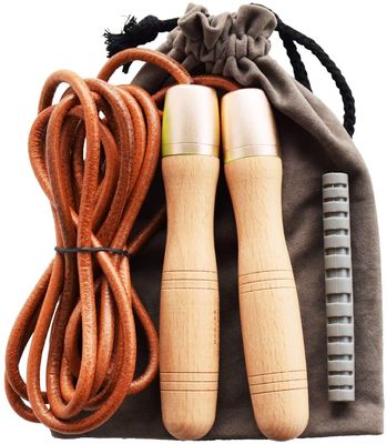 Wholesale Pure Wood Handles Leather Adjustable Skipping Jump Rope With 360-Degree Bearing