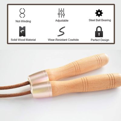 Wholesale Pure Wood Handles Leather Adjustable Skipping Jump Rope With 360-Degree Bearing